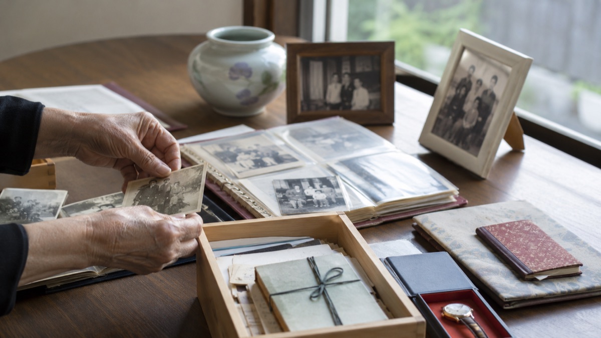 古い写真やアルバムなど思い出の品を整理する様子