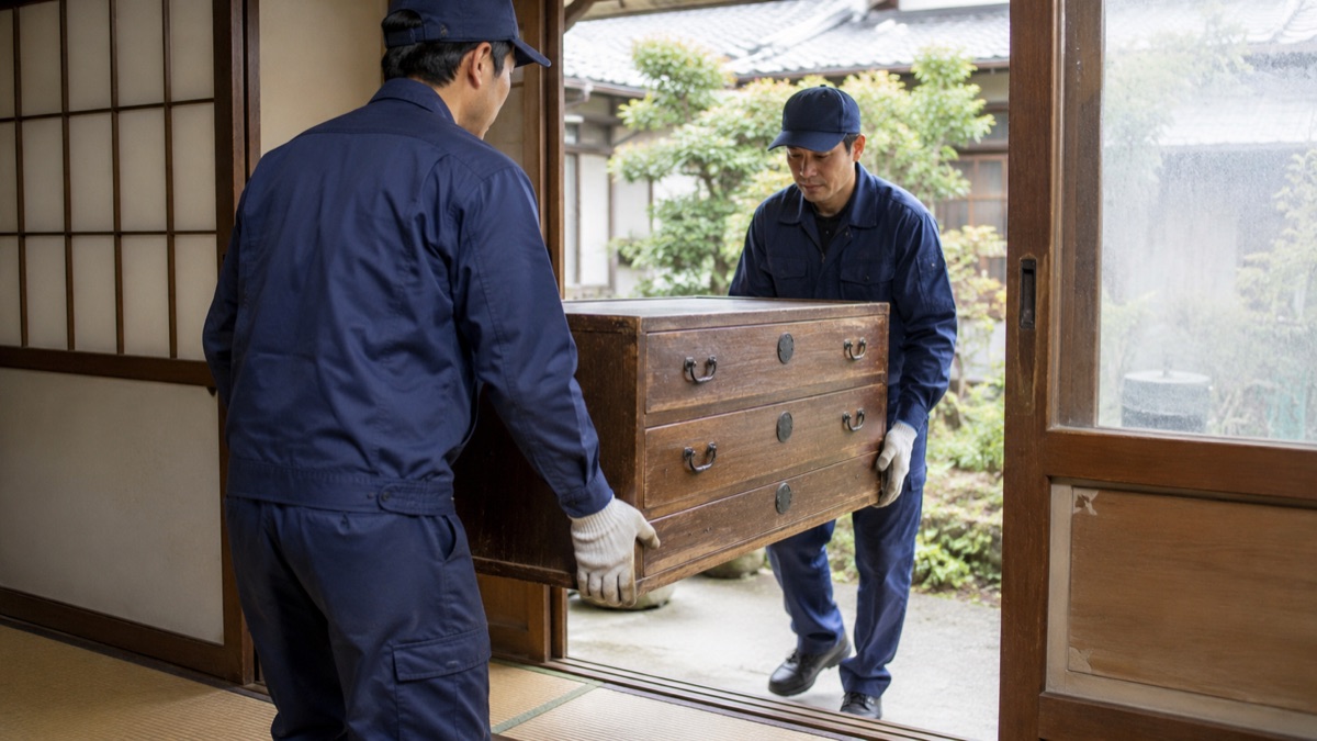 片付け業者が箪笥を運び出す様子